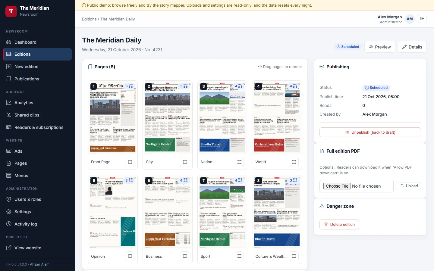 Edition workspace: upload, reorder, publish