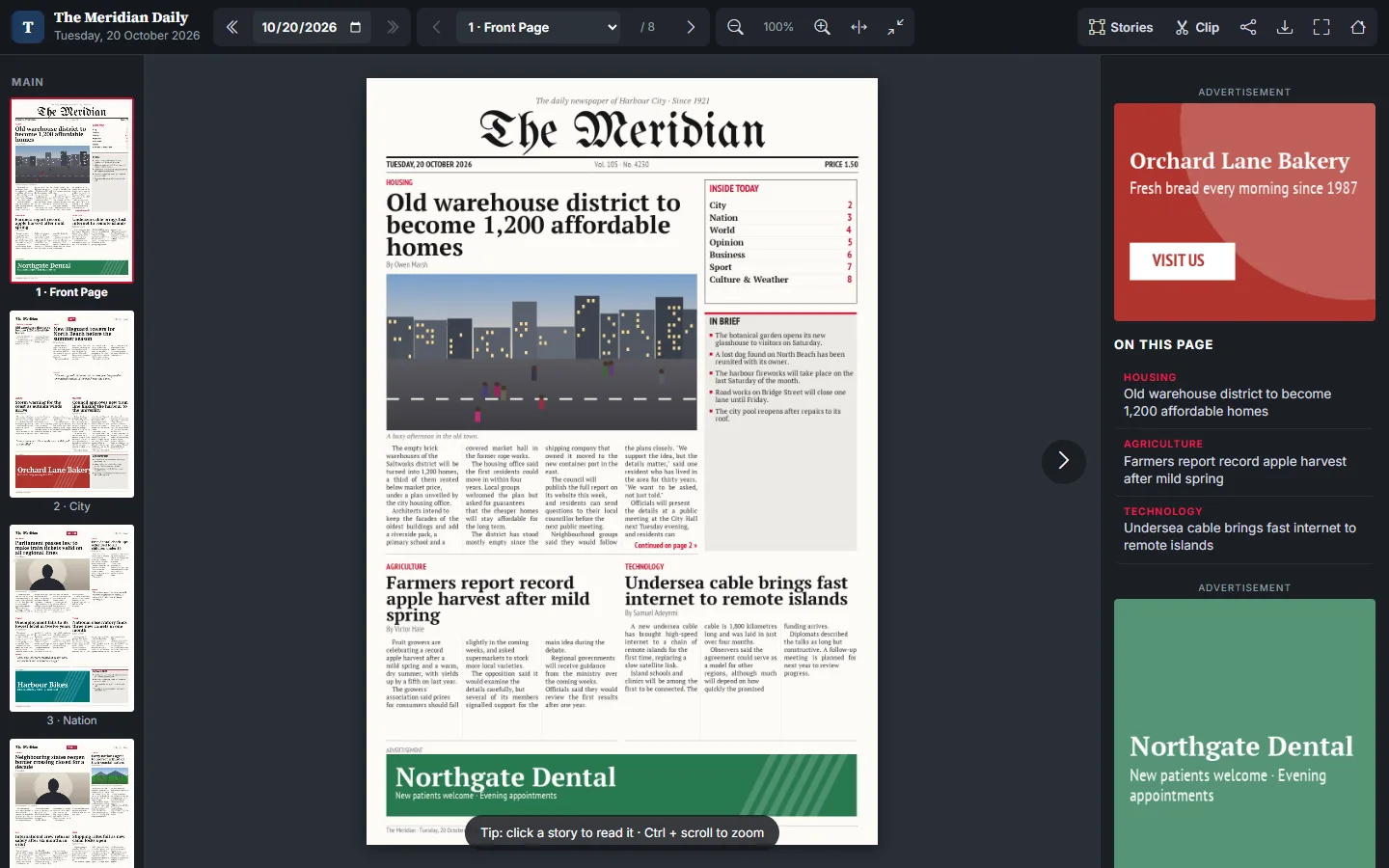 Inkfold e-paper reader showing today's front page with clickable stories