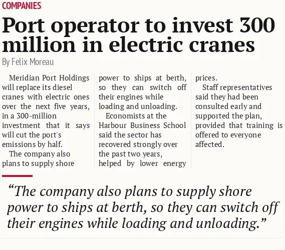 Port operator to invest 300 million in electric cranes