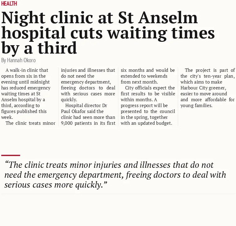 Night clinic at St Anselm hospital cuts waiting times by a third