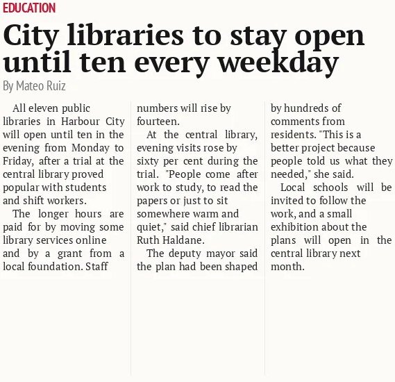City libraries to stay open until ten every weekday