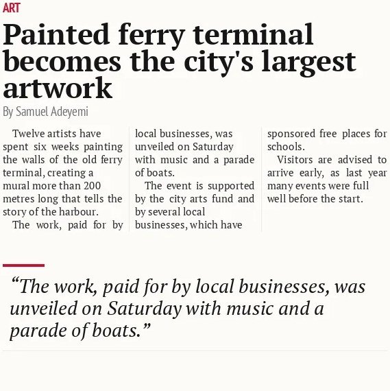 Painted ferry terminal becomes the city's largest artwork