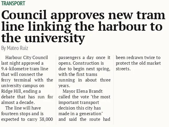 Council approves new tram line linking the harbour to the university