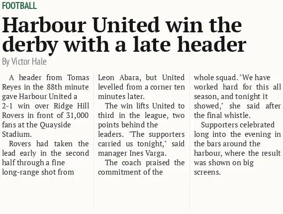 Harbour United win the derby with a late header