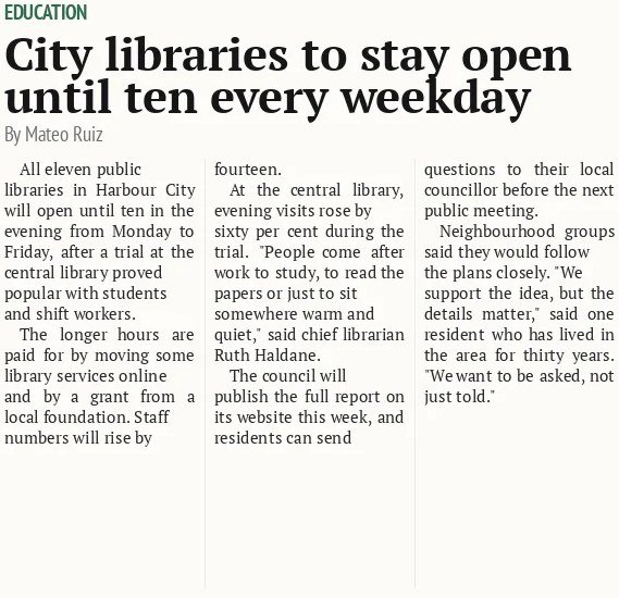 City libraries to stay open until ten every weekday