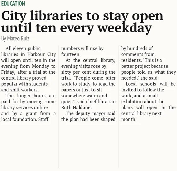 City libraries to stay open until ten every weekday