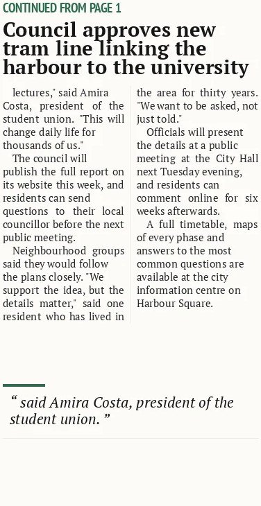Council approves new tram line linking the harbour to the university