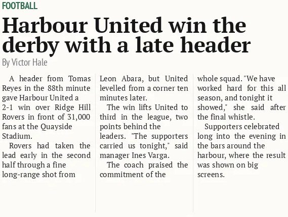 Harbour United win the derby with a late header