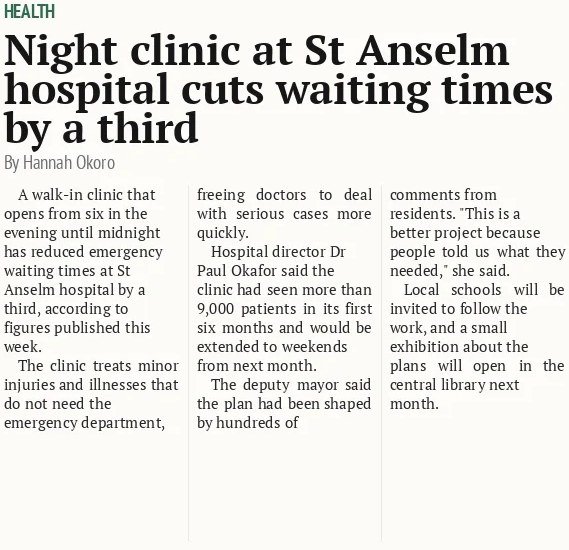 Night clinic at St Anselm hospital cuts waiting times by a third
