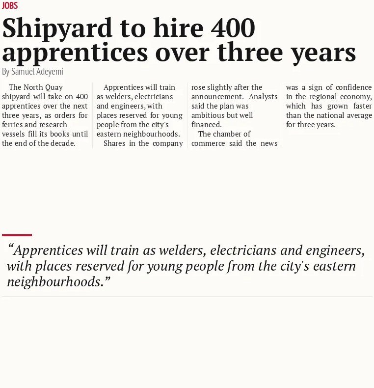 Shipyard to hire 400 apprentices over three years