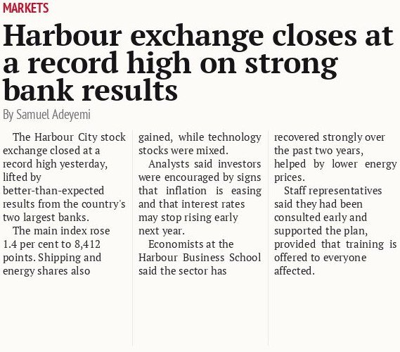 Harbour exchange closes at a record high on strong bank results