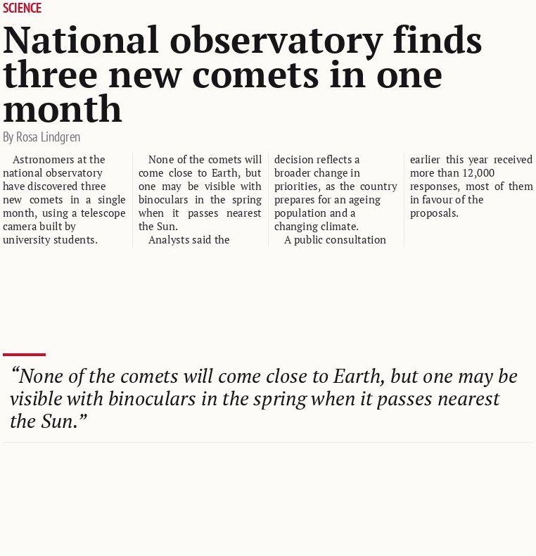 National observatory finds three new comets in one month
