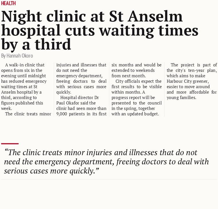 Night clinic at St Anselm hospital cuts waiting times by a third