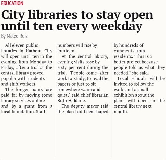 City libraries to stay open until ten every weekday