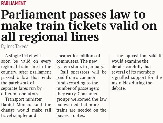 Parliament passes law to make train tickets valid on all regional lines
