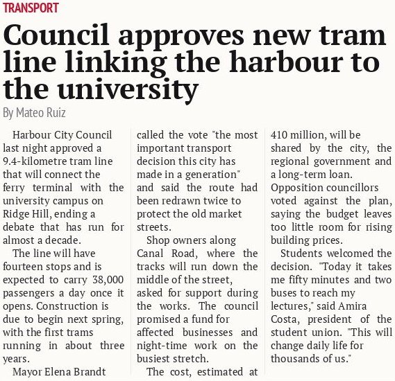 Council approves new tram line linking the harbour to the university