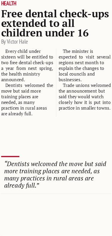 Free dental check-ups extended to all children under 16