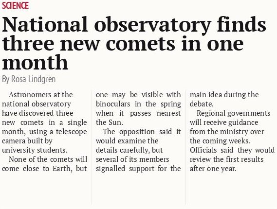 National observatory finds three new comets in one month