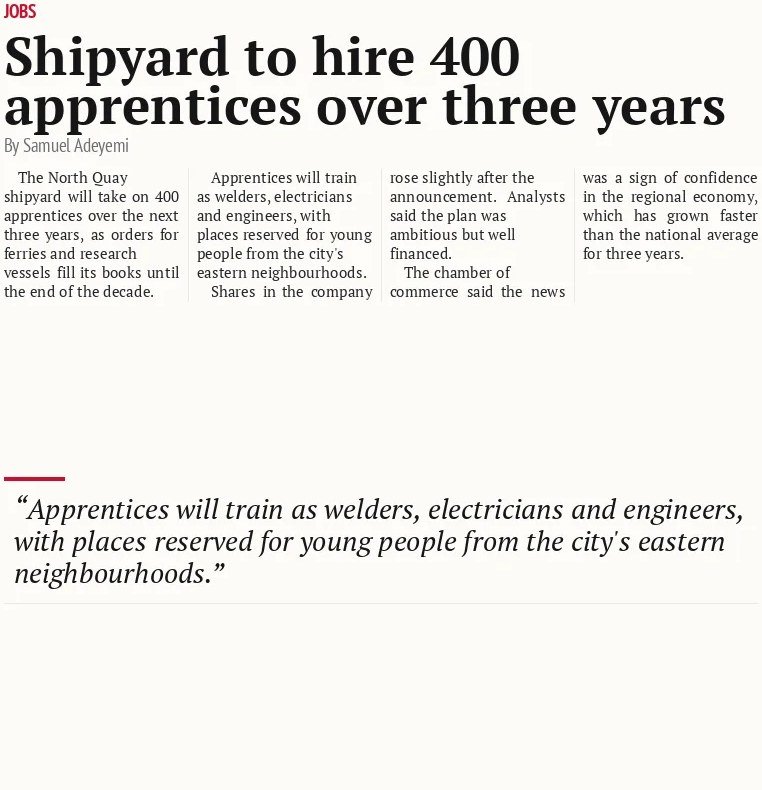 Shipyard to hire 400 apprentices over three years