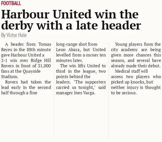 Harbour United win the derby with a late header