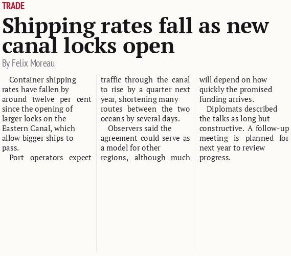 Shipping rates fall as new canal locks open