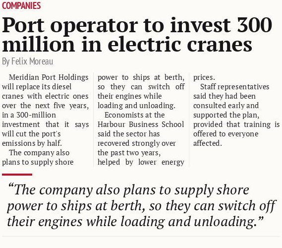 Port operator to invest 300 million in electric cranes