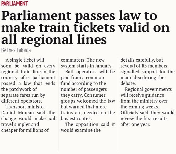 Parliament passes law to make train tickets valid on all regional lines