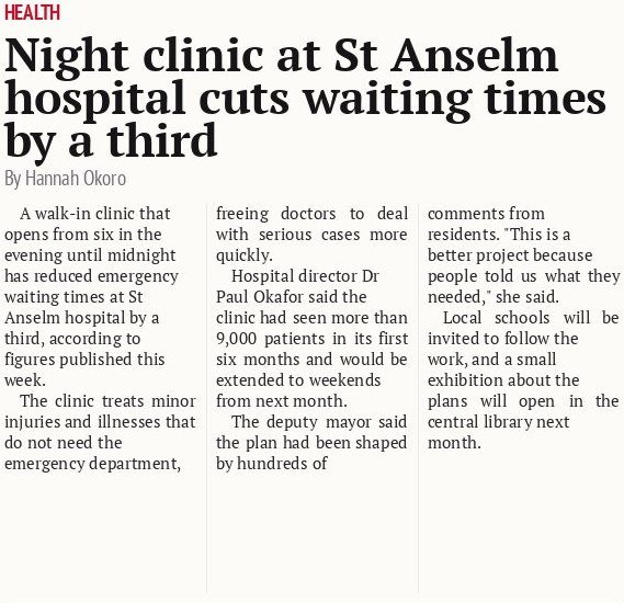 Night clinic at St Anselm hospital cuts waiting times by a third