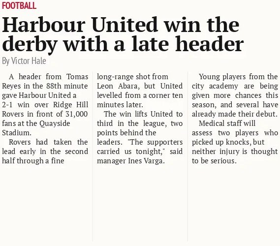 Harbour United win the derby with a late header