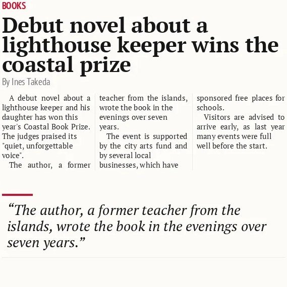 Debut novel about a lighthouse keeper wins the coastal prize