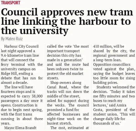 Council approves new tram line linking the harbour to the university