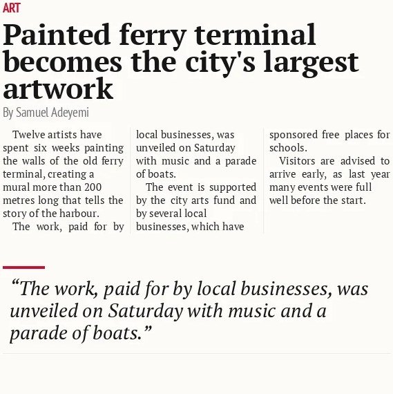 Painted ferry terminal becomes the city's largest artwork