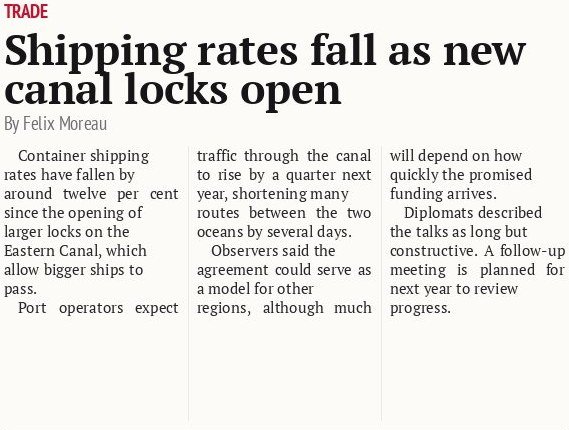 Shipping rates fall as new canal locks open