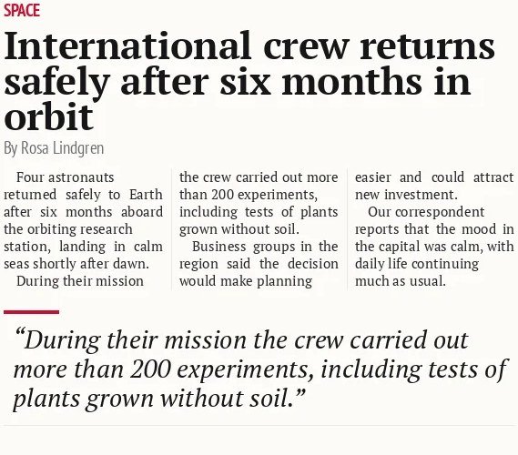 International crew returns safely after six months in orbit