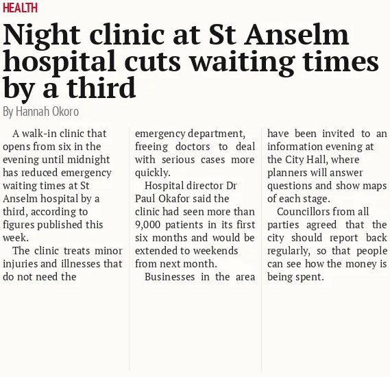 Night clinic at St Anselm hospital cuts waiting times by a third