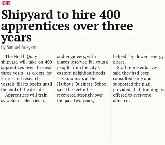 Shipyard to hire 400 apprentices over three years