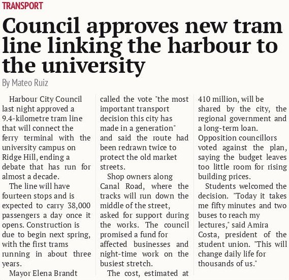 Council approves new tram line linking the harbour to the university