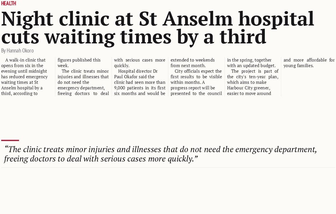 Night clinic at St Anselm hospital cuts waiting times by a third