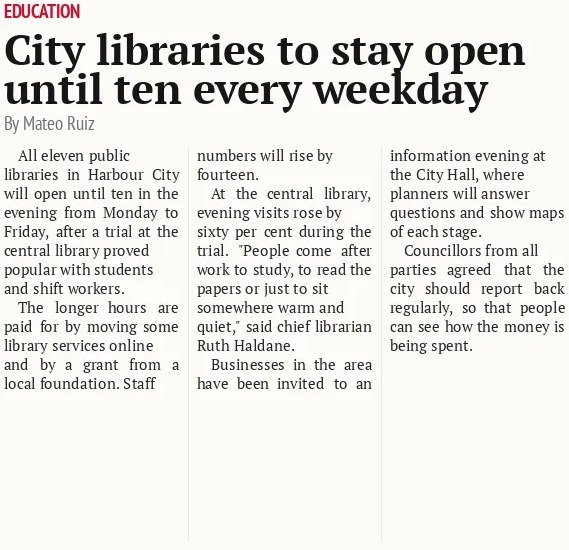 City libraries to stay open until ten every weekday