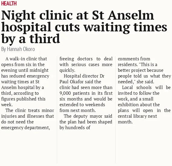 Night clinic at St Anselm hospital cuts waiting times by a third