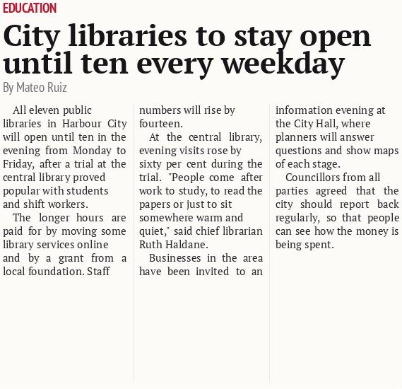 City libraries to stay open until ten every weekday