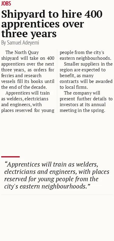 Shipyard to hire 400 apprentices over three years