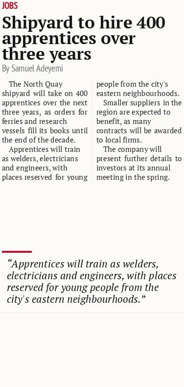 Shipyard to hire 400 apprentices over three years