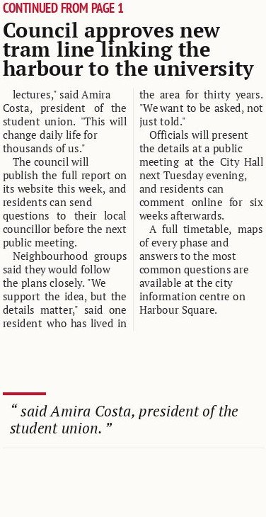 Council approves new tram line linking the harbour to the university