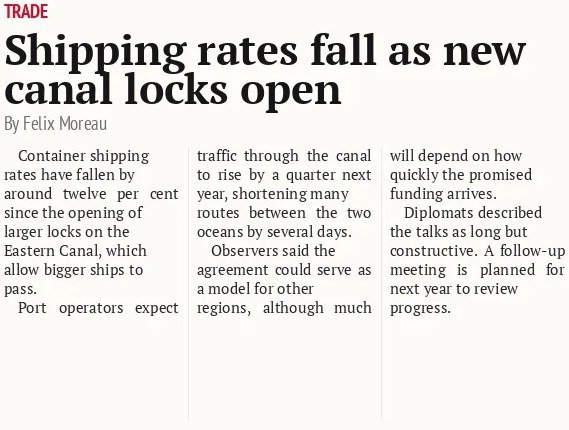Shipping rates fall as new canal locks open