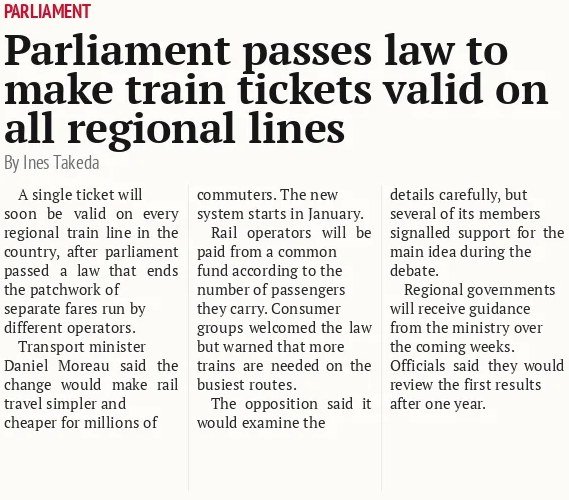 Parliament passes law to make train tickets valid on all regional lines