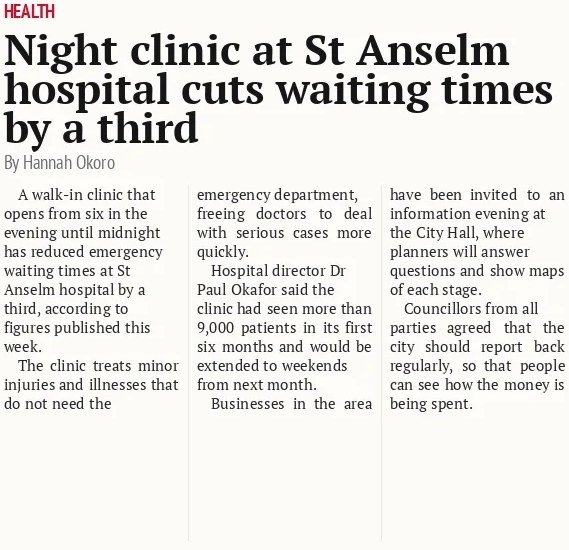 Night clinic at St Anselm hospital cuts waiting times by a third