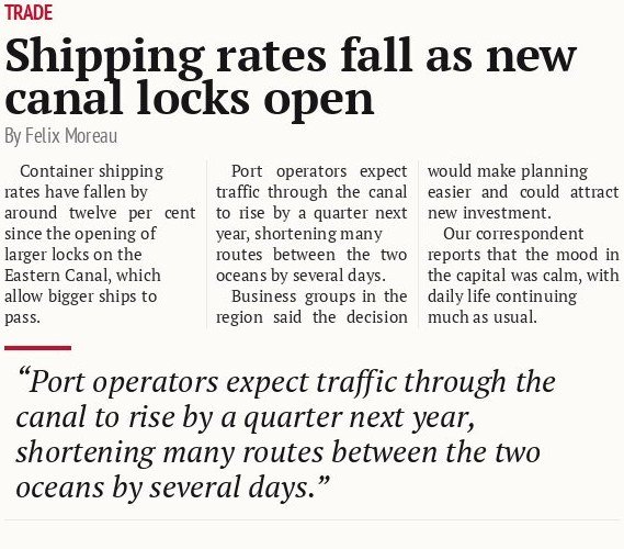 Shipping rates fall as new canal locks open
