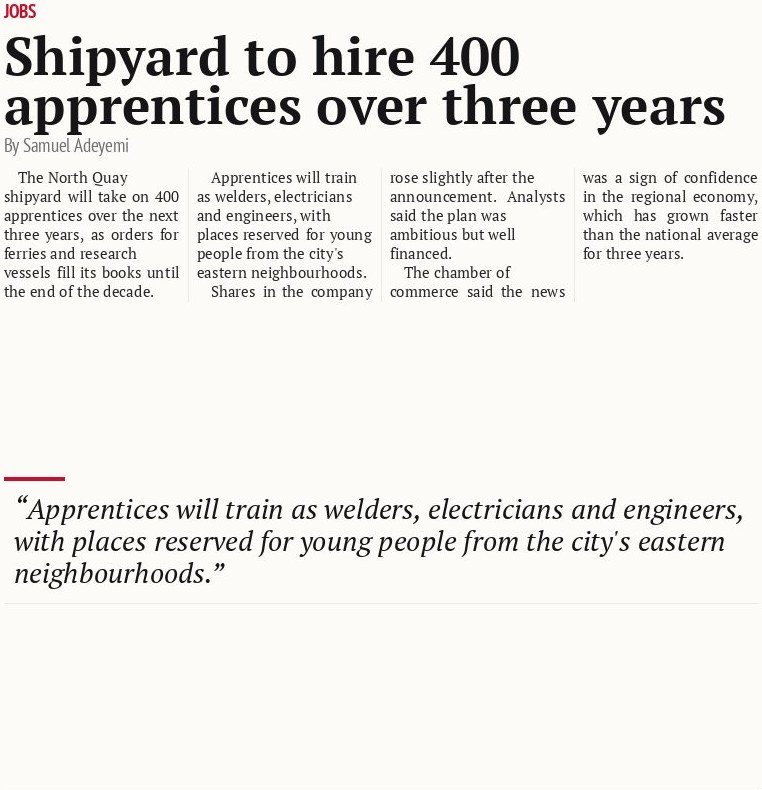 Shipyard to hire 400 apprentices over three years