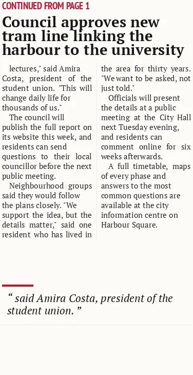 Council approves new tram line linking the harbour to the university